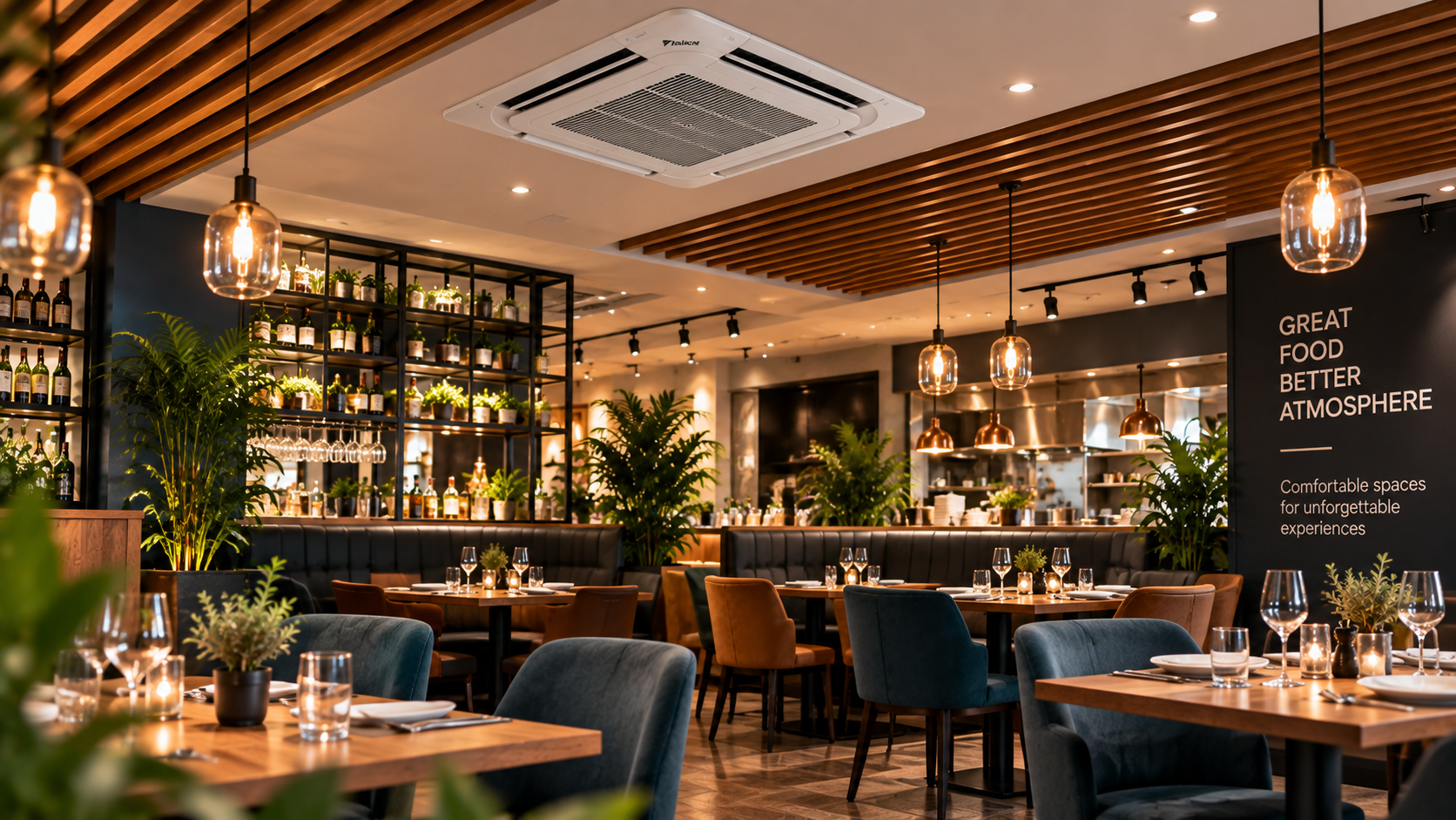 Ceiling cassette air conditioning installed in a restaurant dining room