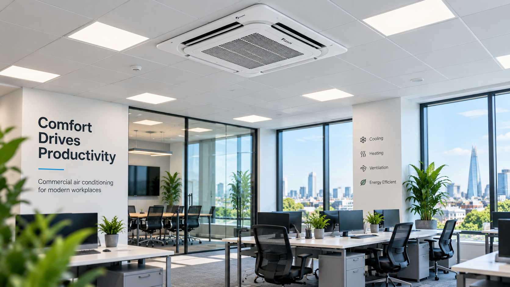 Ceiling cassette air conditioning installed in a modern London office