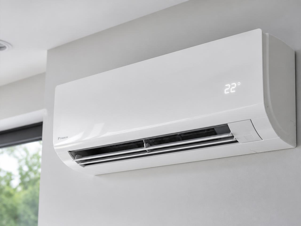 White wall-mounted split air conditioning unit installed in a modern London living room