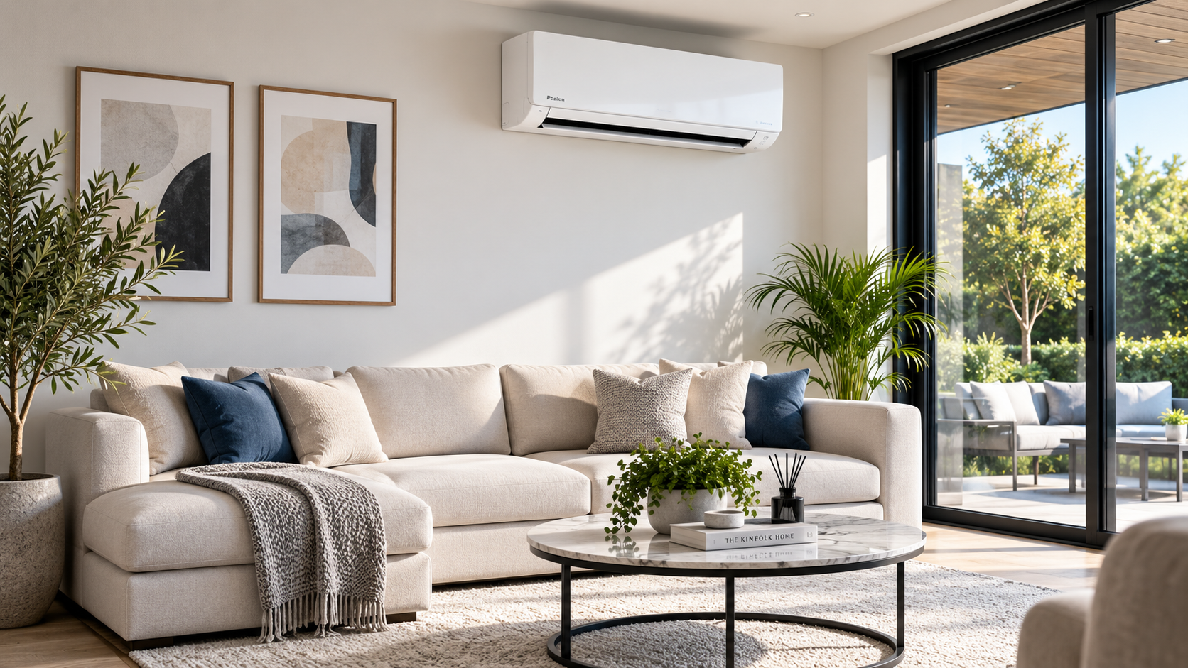 White wall-mounted split air conditioning unit installed in a modern London living room